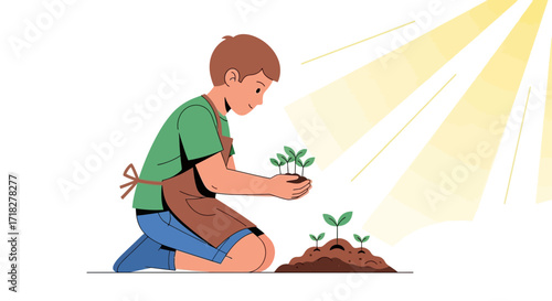 Young Gardener Enthralled by New Life, Nurturing Seedlings Under Beaming Sunlight Rays