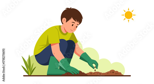 Young Gardner Carefully Planting Seeds in Fertile Soil on a Sunny Day for Great Harvest