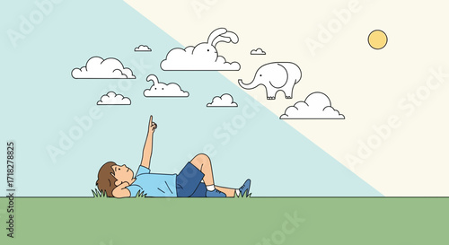 Young Boy Dreaming and Gazing At Cloud Animals On a Bright, Sunny, Happy, Relaxed Day