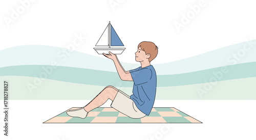 Young Boy Dreams About Sailing The Ocean With The Boat In His Hands