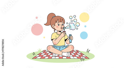 Young Girl Blowing Bubbles During A Leisure Activity On A Picnic Pattern Blanket