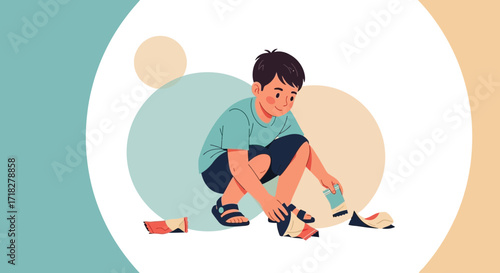 Young Boy Engaged In After-Activity Activity Process, Removing Food Items From Footwear