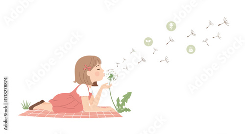 Young Girl Blows Dandelion Seeds, Expressing Childhood, Serenity, And Momentary Joy