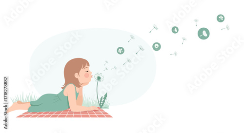 Young Girl Blowing Dandelion Seeds With A Dreamy And Peaceful Scene
