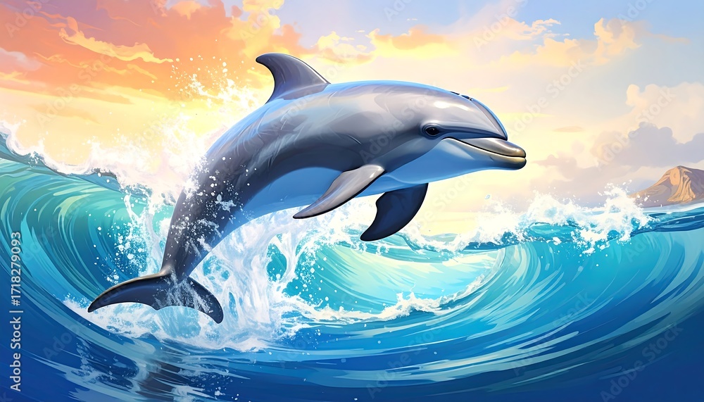 Fototapeta premium Dolphin leaping over a wave at sunset