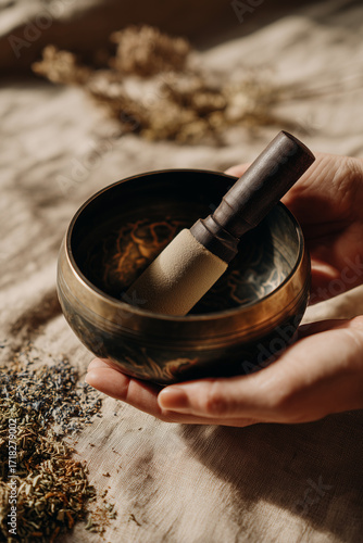 Close-up of a hand holding a Tibetan singing bowl with wooden mallet, surrounded by dried herbs on a natural fabric surface.