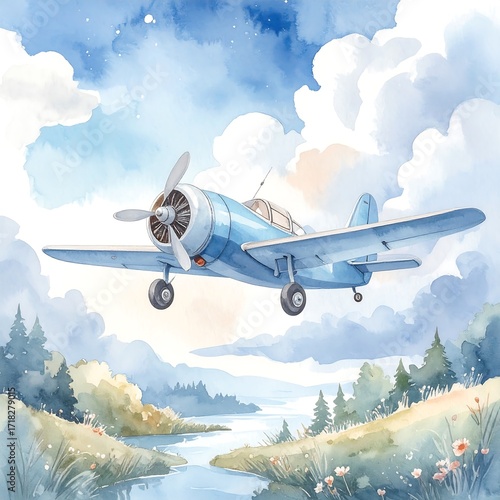 Watercolor illustration of a vintage airplane flying over a landscape