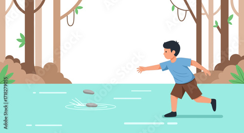 Young Boy Enjoys Outdoors, Skipping Rocks Near Water in a Beautiful Forest Setting