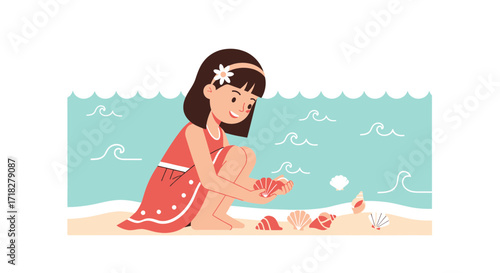 Young Girl Discovering Seashells On Beach With Turquoise Ocean And Happy Expression
