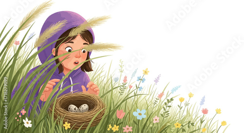 Young Girl Discovering Eggs Inside A Nest Amongst The Colorful Meadow Plants