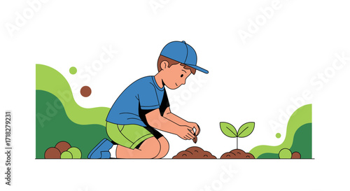 Young Boy Gently Planting And Nurturing A Seedling For A Green Future