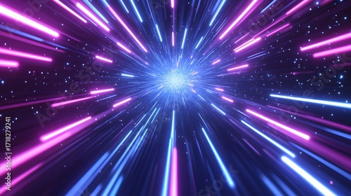 A vibrant, glowing tunnel of radiating pink and blue neon lines creates a dynamic and futuristic effect.