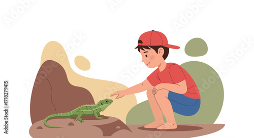 Young Boy Interacting with A Lizard, Showing Curiosity and Friendship in Nature