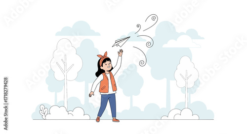 Young Girl Launching A Paper Airplane into The Air with Joyful Expression