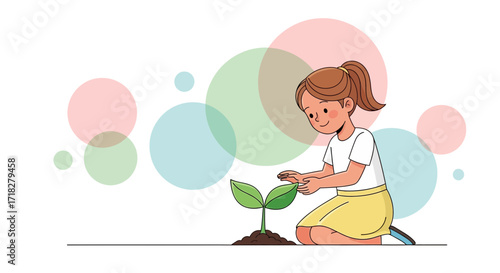 Young Girl Nurturing a Plant in a Garden with Pastel Sphere Decorations