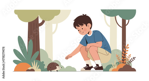 Young Boy Interacts With a Hedgehog in a Woodland, Nature's Gentle Moments