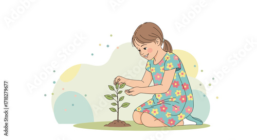Young Girl Planting A Tree, Caring For The Environment And Showing Growth In Nature