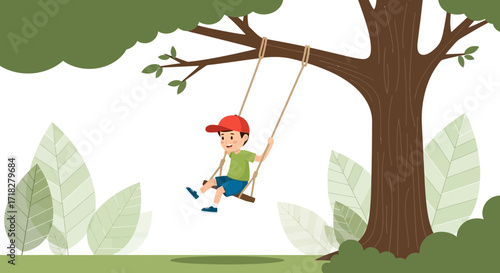 Young Boy Joyfully Swings Under Tree in Sunny Day Outdoors for Pure Childhood