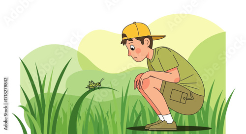 Young Boy Observes Insect Amidst Green Grass, Discovering Nature's Wonders Outdoors