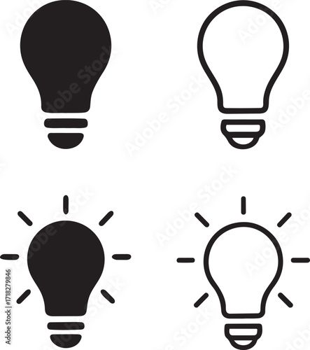 Isolated light bulb icons, solid bulb, line bulb, idea icons, filled idea, thin stroke idea, minimal black vector, editable innovation creativity business solution design