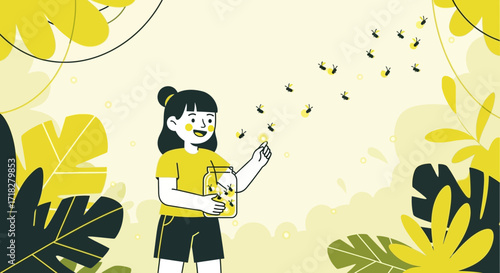 Young Girl Releasing Fireflies Into The Night Sky Surrounded By Flora And Fauna