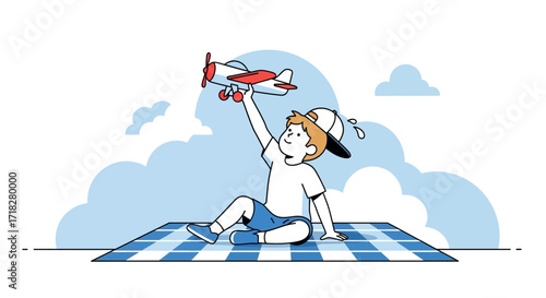 Young Boy On Picnic Playing With Airplane, Dreaming About Sky Adventures In Sunny Day