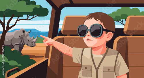 Young Boy On Safari Adventure Spotting A Wild Rhinoceros, Amazing Wildlife Encounter