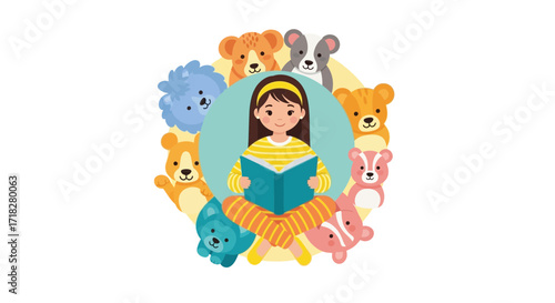 Young Girl Surrounded By Colorful Toy Friends Reading An Enchanting Book