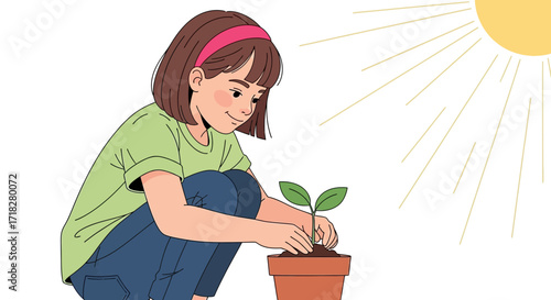 Young Girl Tends to a New Plant Under Sunny Rays Nurturing Green Growth