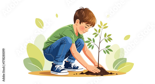 Young Boy Planting a Sapling in a Moment of Eco-Conscious Dedication For Generations