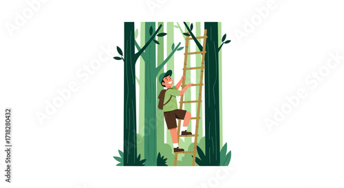 Young Hiker Climbing Wooden Ladder in Lush Green Forest Illustration, Nature Adventure Concept