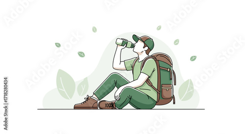 Young Hiker Enjoying Refreshment After A Trek Under A Serene Natural Landscape