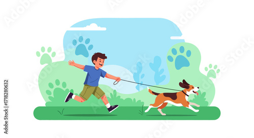 Young Kid Joyfully Running With His Dog in a Picturesque Green Park Illustration