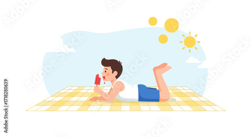 Young Lad Relaxes With Frozen Treat: Enjoying Summer Delights Outdoors In The Warmth