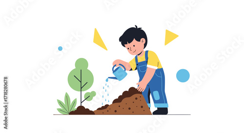 Young Lad Sprinkles Water on Sapling in Garden for Cultivation and Growth