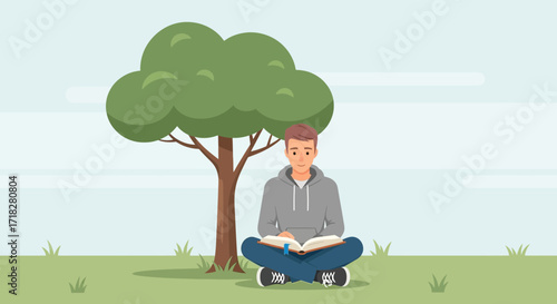 Young Male Relaxing Outdoors Reading Beneath Tree For Leisure And Contemplation