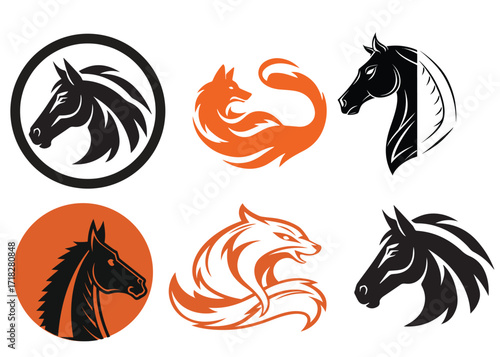 Collection of stylized horse and fox head illustrations in black and orange