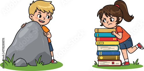 Cartoon children playing outdoors, boy hiding behind rock, girl pushing book stack, colorful illustration, fun learning, playful kids activity scene