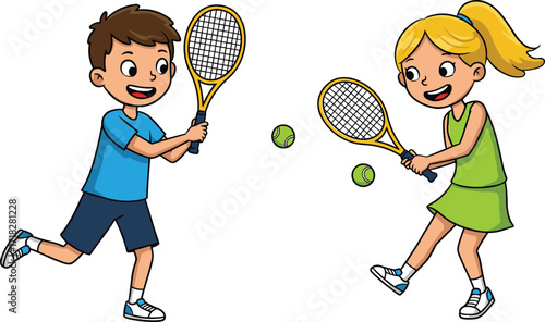 Cartoon children playing tennis, kids sports activity, outdoor fun, physical fitness, tennis match, summer recreation, healthy lifestyle, animated illustration, racket game