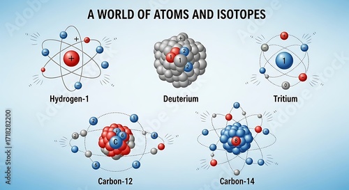 World of Atoms and Isotopes - Hydrogen, Deuterium, Tritium, Carbon.