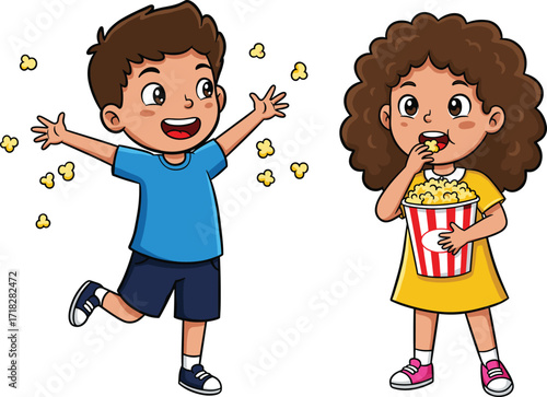 Cartoon children playing with popcorn, happy kids enjoying snack time, fun movie moment, joyful expressions, colorful illustration, festive food scene