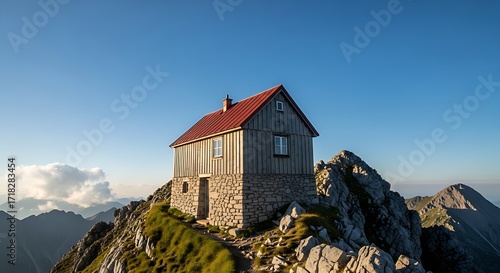 A small house with red roof on top of a rocky mountain peak area