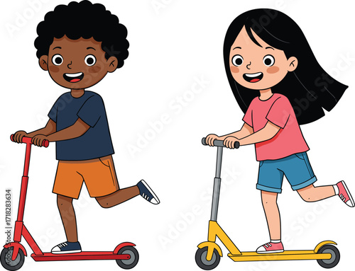 Cartoon children riding scooters, outdoor activity, fun exercise, diverse kids, summer playtime, healthy lifestyle, motion, colorful illustration, happy childhood, urban scene