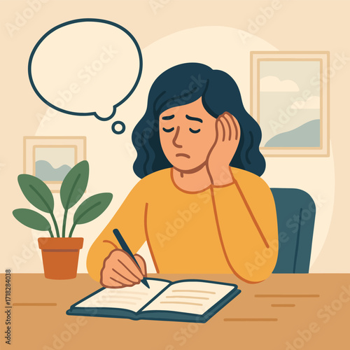 Flat illustration of a woman sitting with an open notebook and a pen in hand, unable to start writing.