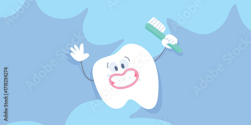 Cartoon tooth - A smiling tooth holding a toothbrush illustration vector design. Dental care concept.