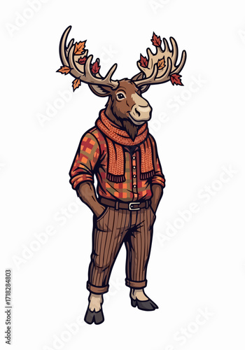 Moose in autumn clothing isolated against seamless white backdrop. This animal cartoon art features moose in autumn clothing, adorned with fall leaves and a scarf, capturing whimsical charm.
