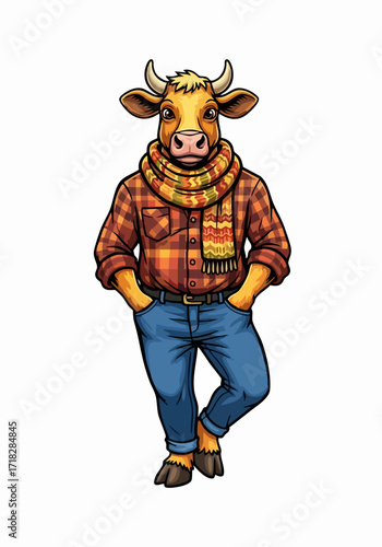 Animals in autumn clothes, a cartoonish cow isolated on white backdrop, wearing a plaid shirt and jeans. Animals in autumn clothes present an anthropomorphic portrayal,