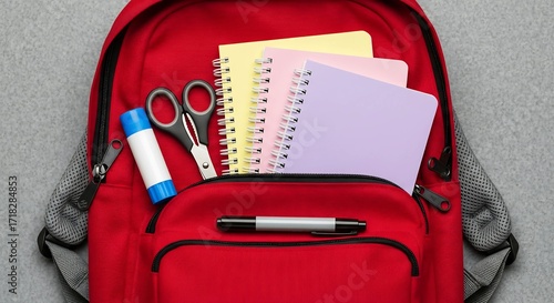 Organized School Supplies in Red Backpack with Pastel Notebooks