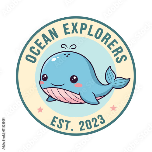 Cute cartoon whale logo for ocean explorers est 2023