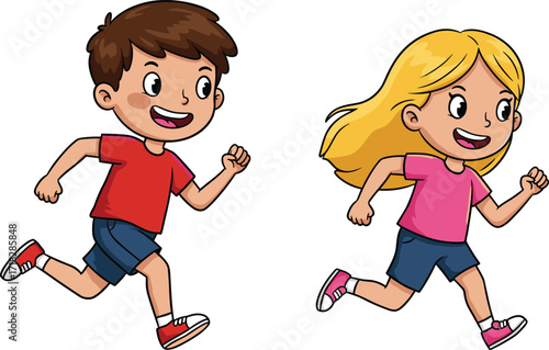 Cartoon children running, happy kids playing, outdoor activity, childhood fun, fitness illustration, energetic movement, colorful drawing, playful moment, exercise concept, animation style